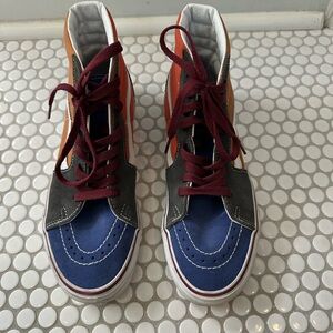 Vans High-Top Sneakers in Blue, Gray, Orange with Burgundy Laces